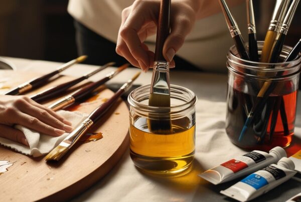 An artist gently cleaning an oil painting brush with a soft cloth in a well-lit workspace.