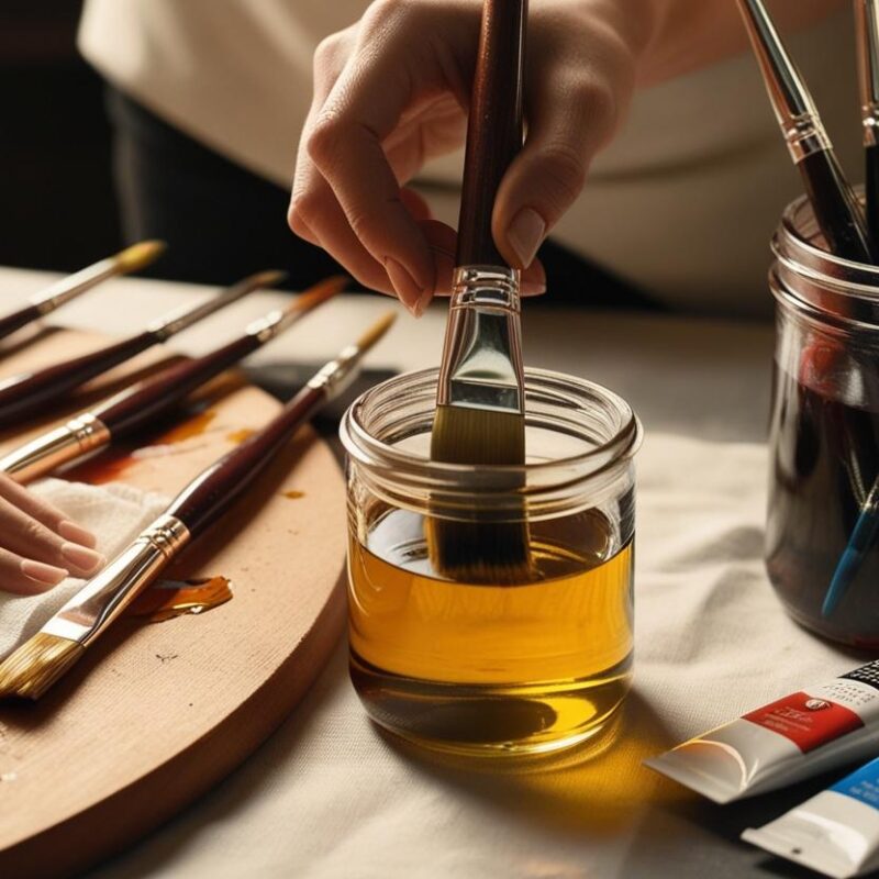 An artist gently cleaning an oil painting brush with a soft cloth in a well-lit workspace.