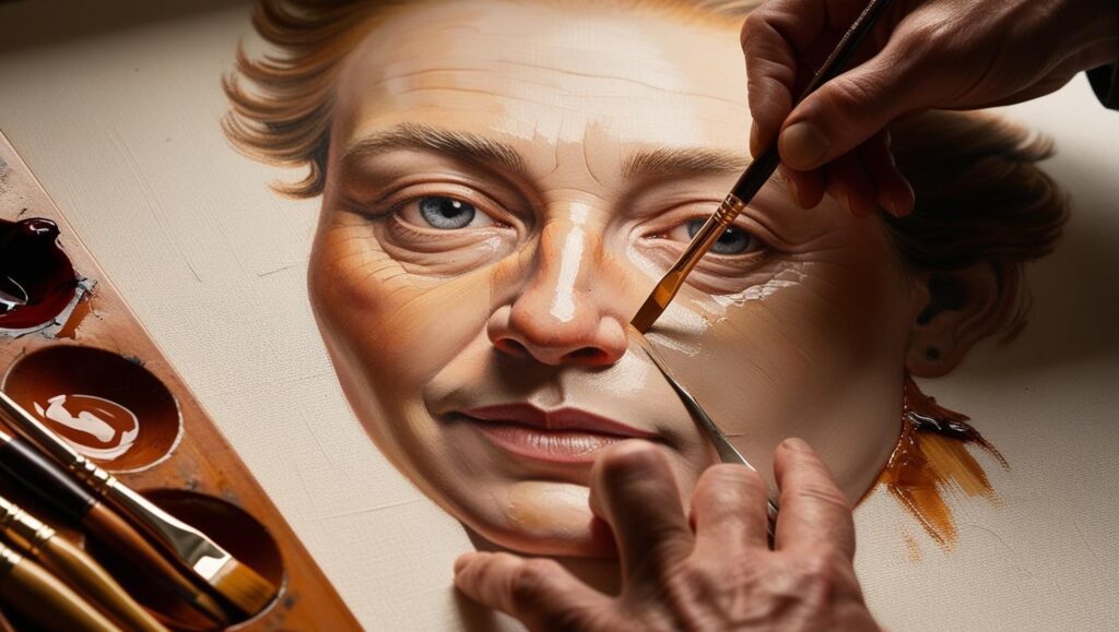 An artist correcting details in a hyper-realistic oil painting using a fine brush.