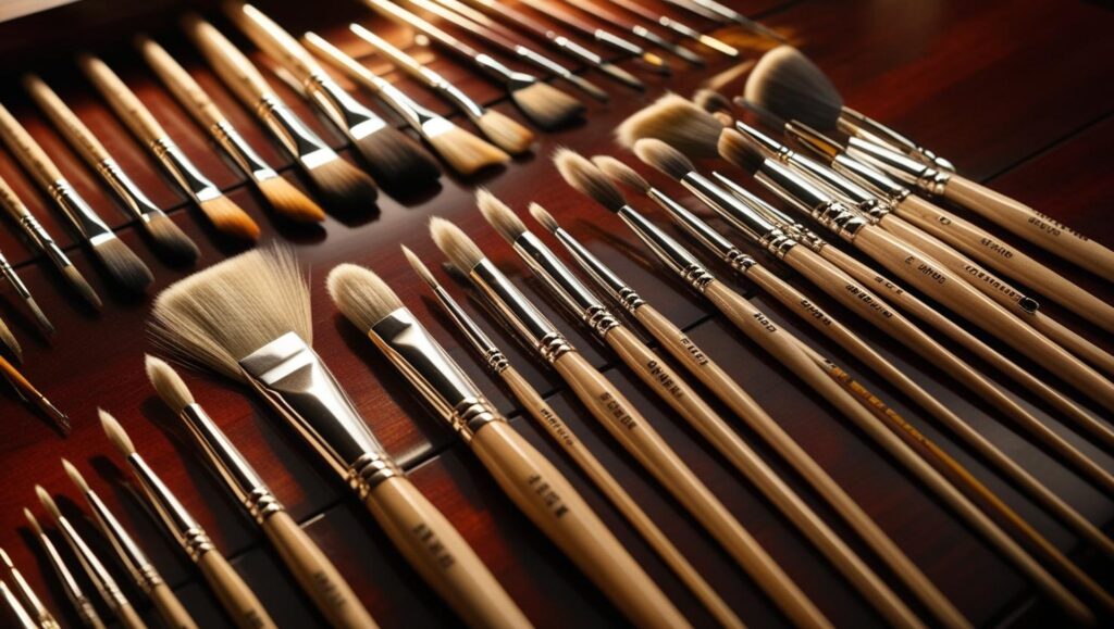 A collection of oil painting brushes, including round, flat, filbert, and fan brushes.