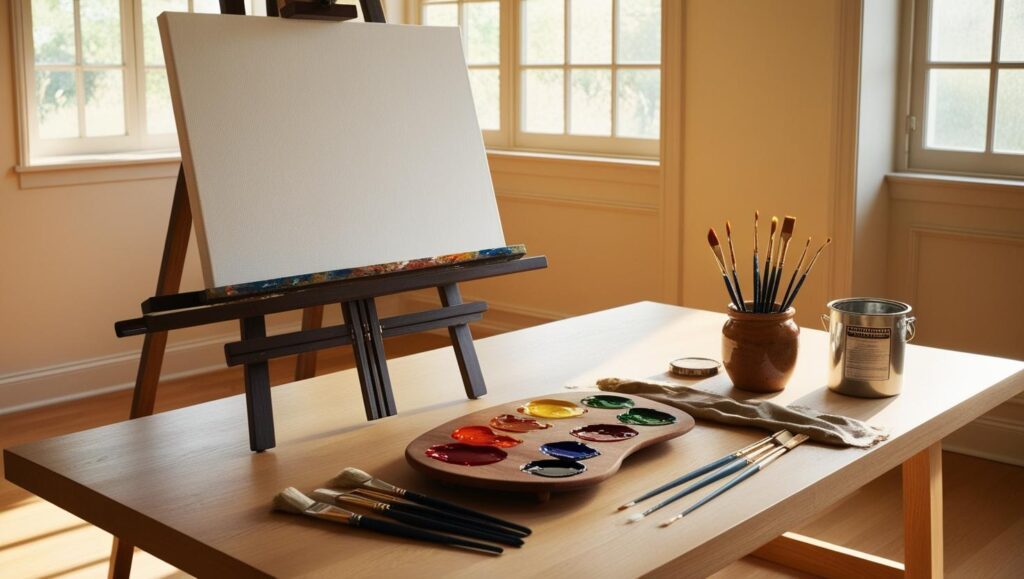 A well-organized painting workspace with a wooden easel and natural lighting.