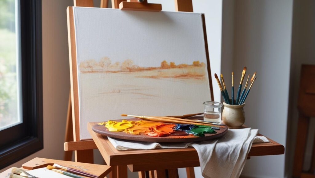 An artist’s workspace with a blank canvas, a palette, and oil paints ready for use.