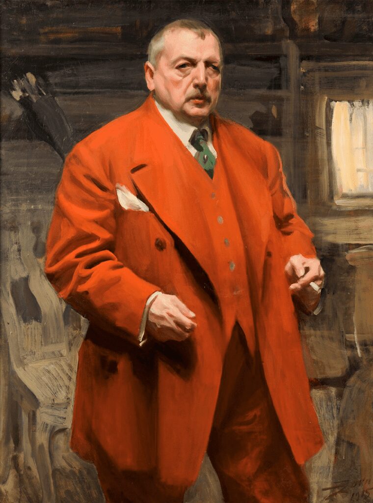 Self-Portrait in Red (1915) by Anders Zorn, showcasing the artist in bold red tones with intense brushwork.