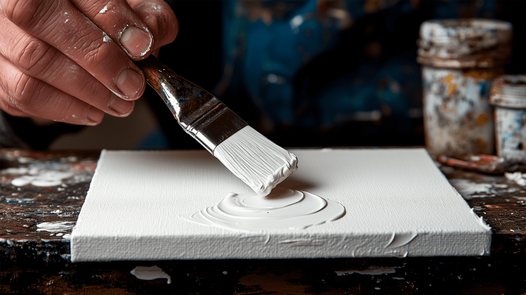 A close-up of an artist’s hands spreading primer evenly over a stretched canvas, preparing it for painting.