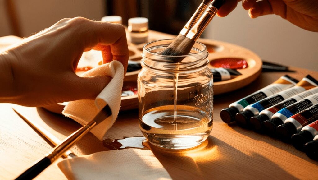 An artist carefully cleaning oil painting brushes using linseed oil, removing excess paint with a cloth for proper maintenance.