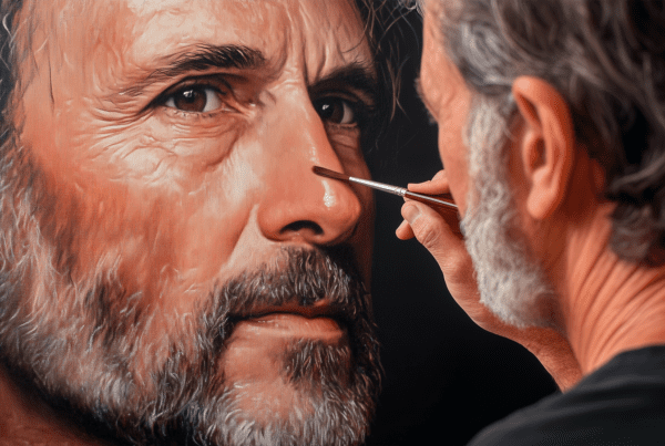 A painter meticulously creating a hyper-realistic self-portrait using the layered painting technique for ultimate detail and depth.