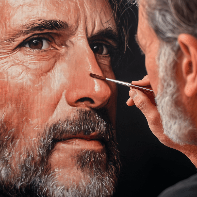 A painter meticulously creating a hyper-realistic self-portrait using the layered painting technique for ultimate detail and depth.