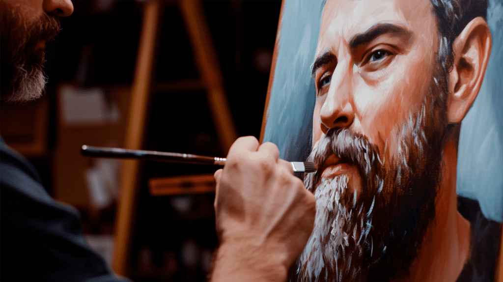 A painter working on a hyper-realistic portrait using the layered painting technique, applying glazes and fine details step by step.