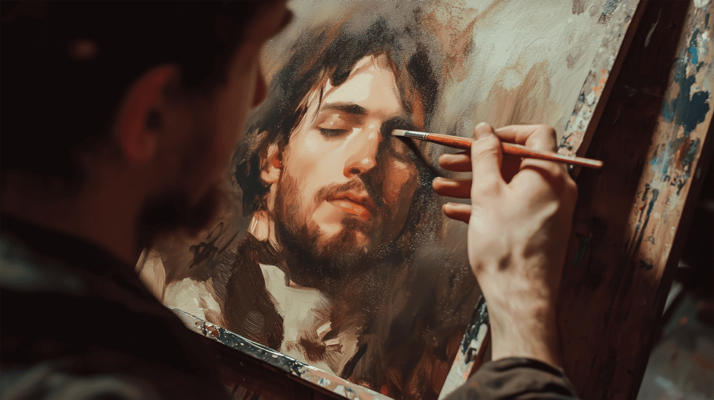 An artist creating a detailed Alla Prima portrait with expressive brushstrokes and impasto textures in a single painting session.