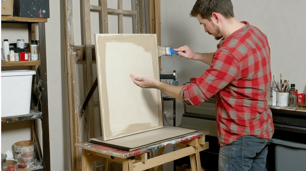 A painter applying a special glue to a freshly stretched canvas, sealing the fabric before adding primer.