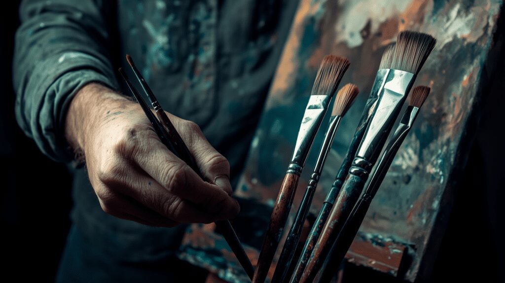 An artist carefully selecting brushes for cleaning, with well-maintained bristles that look like new despite prior use.