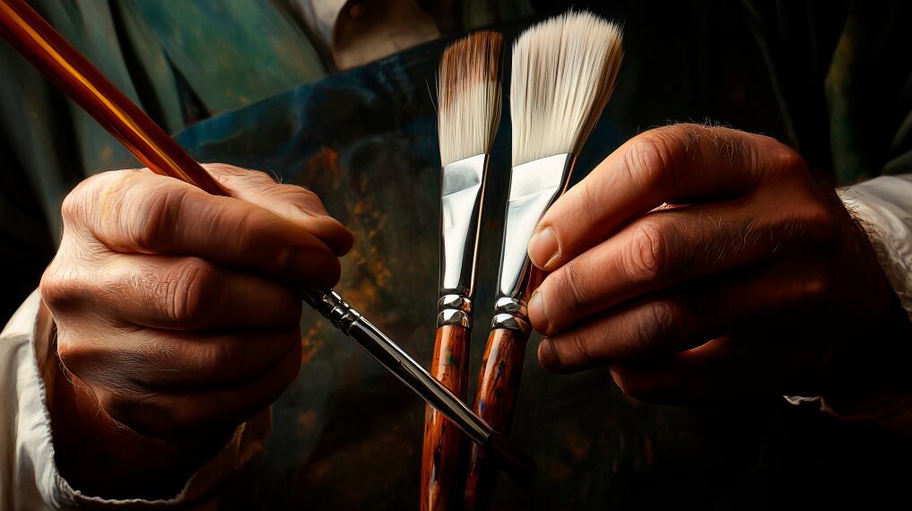 An artist proudly displaying a collection of perfectly cleaned paintbrushes, looking as good as new.