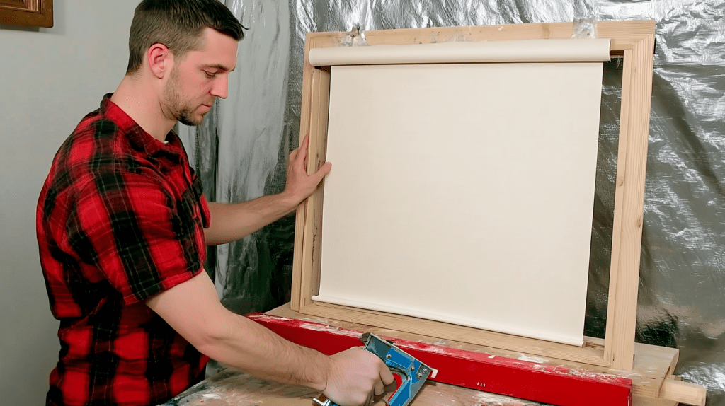 An artist unrolling canvas fabric, stretching it over a wooden frame, and securing it with a traditional wooden stapler.