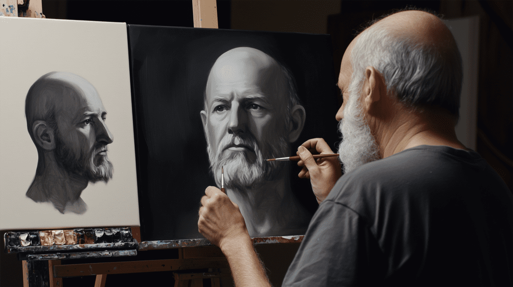 An artist applying a detailed grayscale underpainting using black and white pigments before layering color glazes.