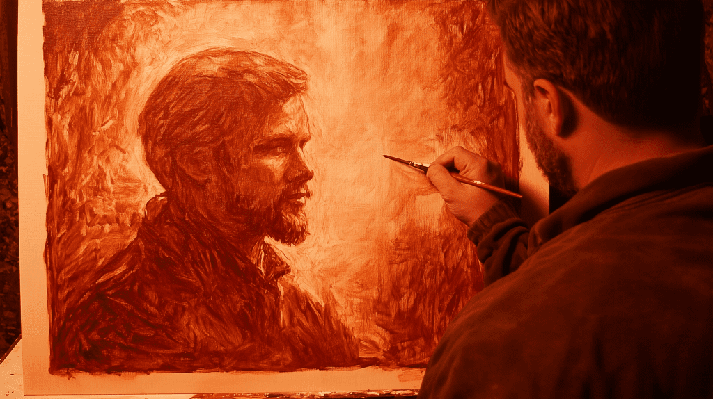 An artist applying the underpainting technique, creating a monochromatic light and shadow study before adding final colors.