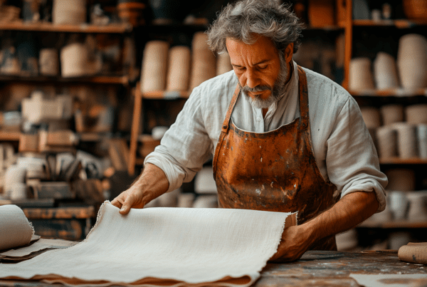 A painter in his studio unfolding a fine piece of linen to prepare it for stretching on a canvas frame.