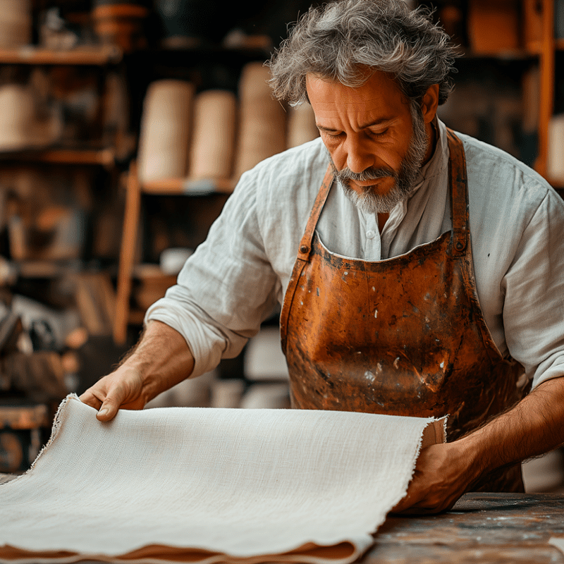 A painter in his studio unfolding a fine piece of linen to prepare it for stretching on a canvas frame.