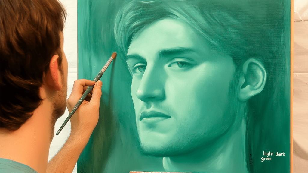 An artist applying the Verdaccio technique, using greenish tones to establish a chiaroscuro base for a portrait before adding color glazes.