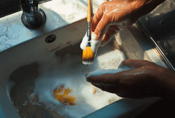 An artist cleaning paintbrushes with water and soap in a common sink, ensuring proper brush care.