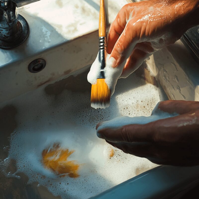 An artist cleaning paintbrushes with water and soap in a common sink, ensuring proper brush care.