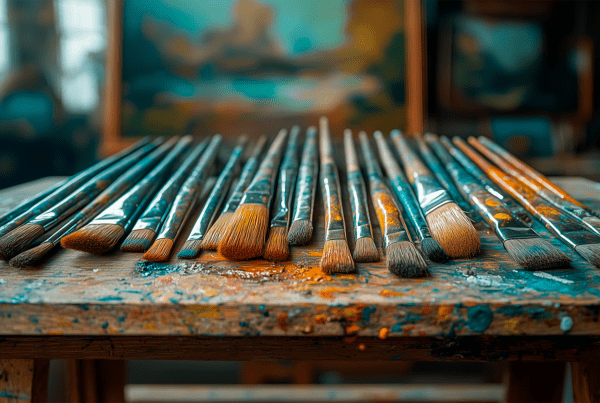 Various oil paintbrushes of different sizes covered in paint, resting on a wooden table used as a palette, with a painting in progress in the background.