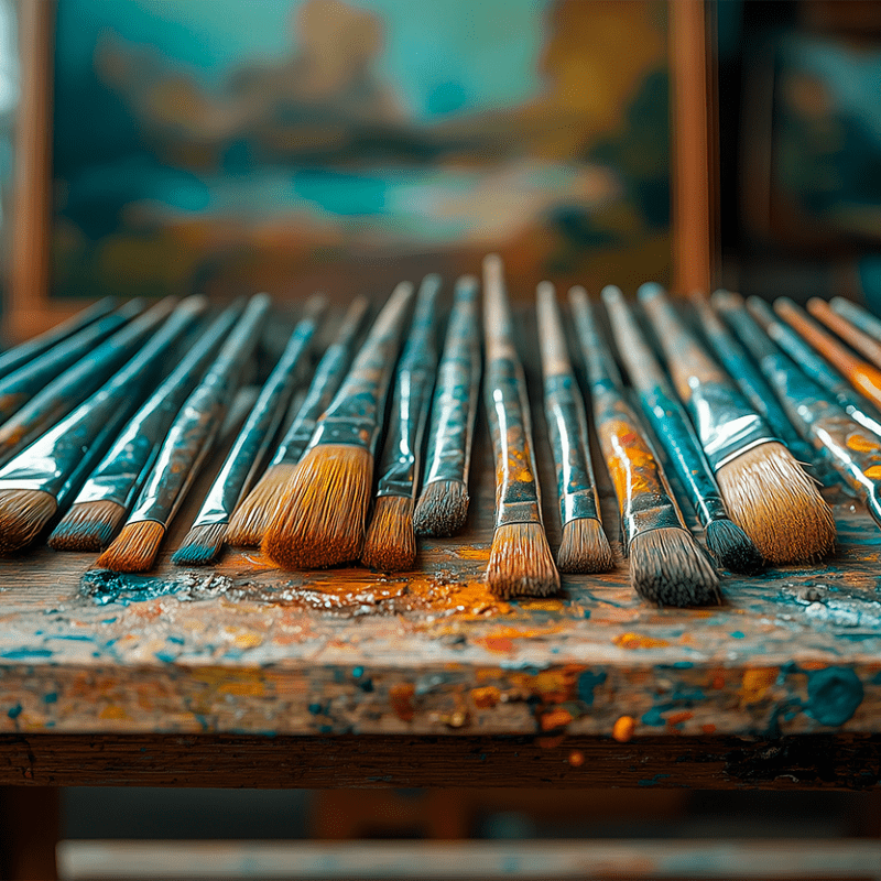 Various oil paintbrushes of different sizes covered in paint, resting on a wooden table used as a palette, with a painting in progress in the background.