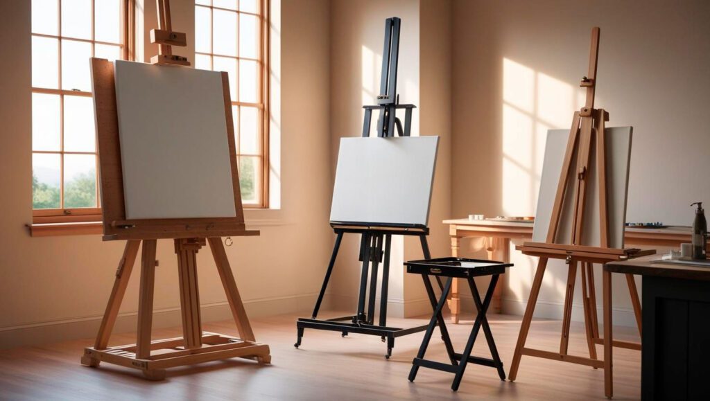 Three different types of oil painting easels set up in a well-lit artist’s studio.