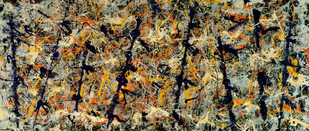 Jackson Pollock’s Blue Poles (1952), a dynamic Abstract Expressionist painting featuring his signature drip technique.