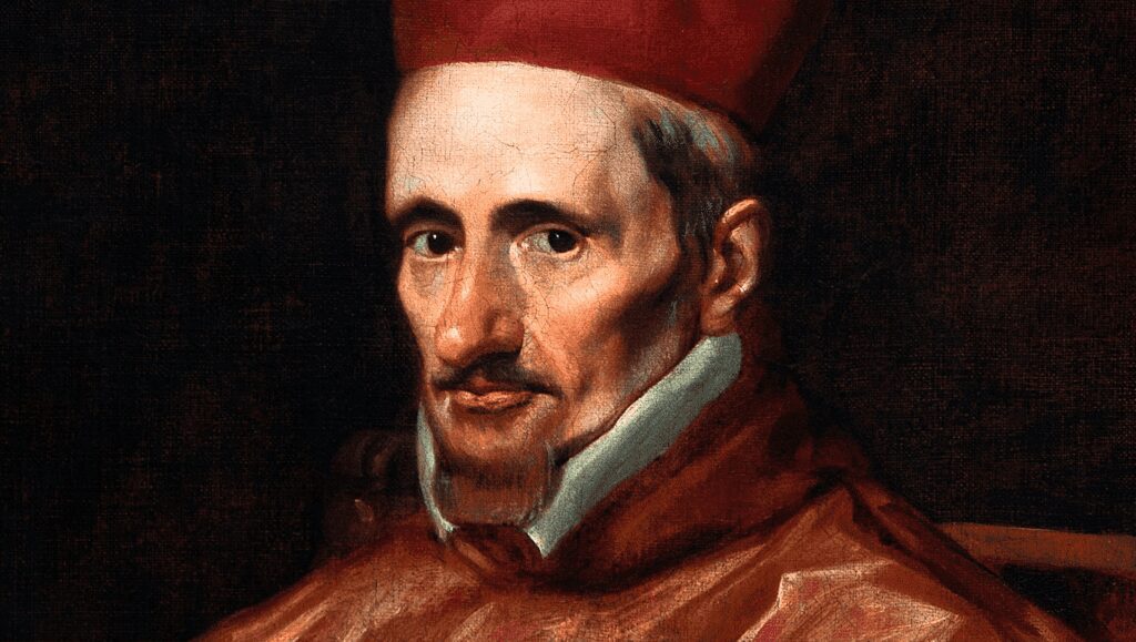 A detailed view of Diego Velázquez’s Portrait of Cardinal Gaspar de Borja (1643), showcasing bold brushstrokes, impasto highlights, and blended shadows.