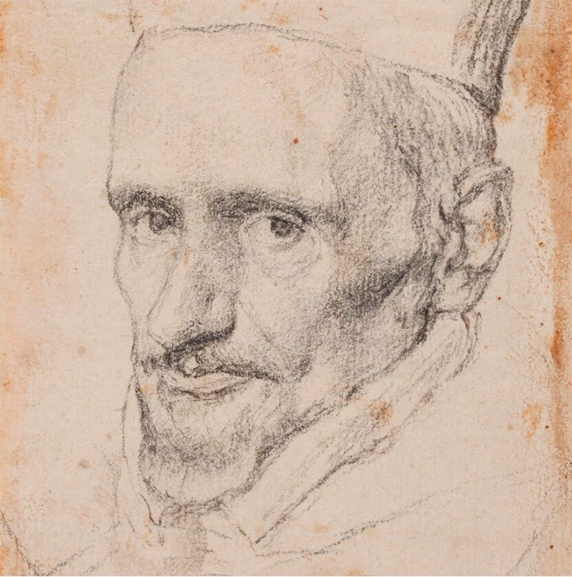 A close-up of Velázquez’s charcoal study for the Portrait of Cardinal Borja, showing the artist’s dynamic line work and chiaroscuro shading.