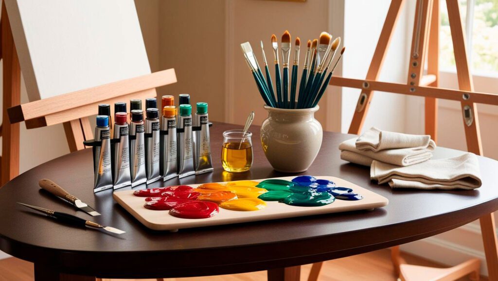 A wooden palette with blended oil paints, ideal for beginners and professional artists.