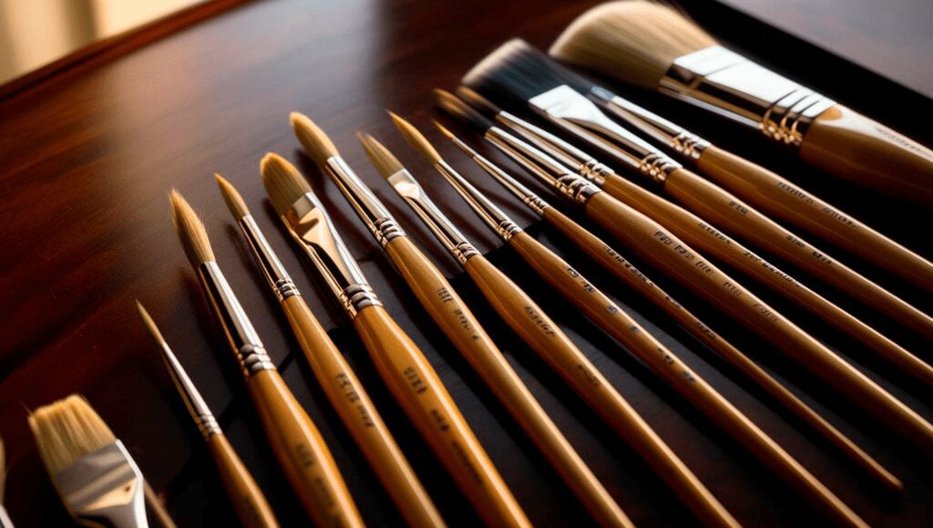 A collection of clean, brand-new oil painting brushes of various shapes and sizes, neatly arranged on a wooden table.