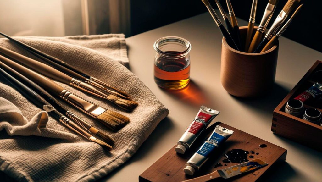 An artist's workspace featuring oil painting tools being cleaned and maintained.