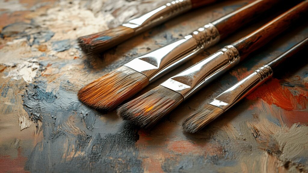 A set of poorly maintained paintbrushes with dried paint, frayed bristles, and hardened tips.