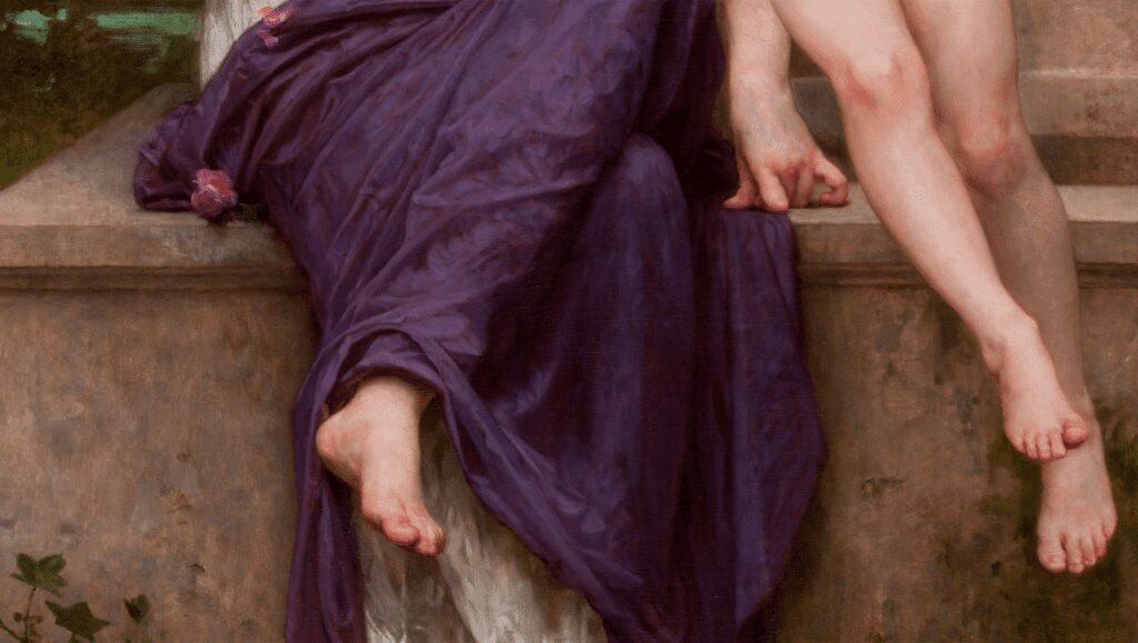 A close-up of the lower section of Dream of Spring (1901) by William-Adolphe Bouguereau, illustrating the artist’s use of transparency, contrast, and form-enhancing brushstrokes.