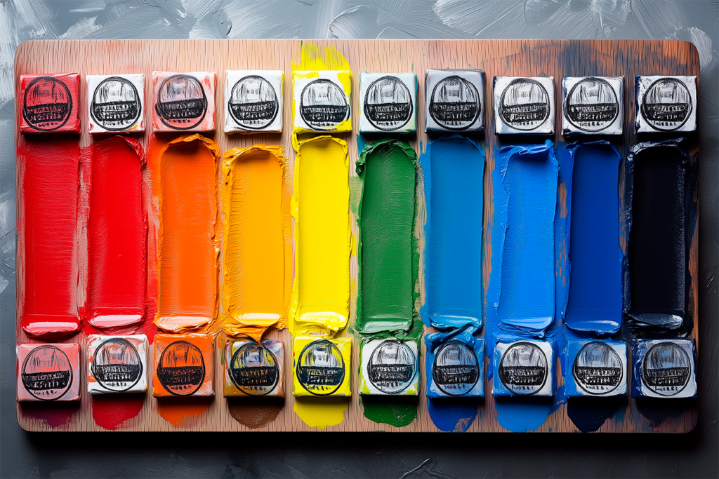 A selection of essential oil paint tubes (bisnagas) arranged on a wooden table.