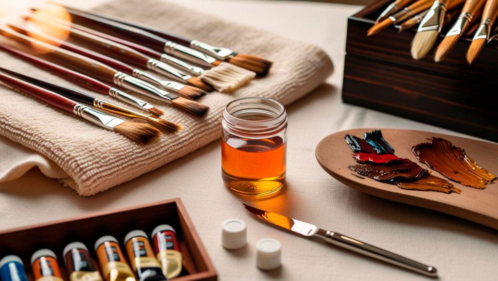 An artist's workspace with essential oil painting tools neatly arranged for maintenance.