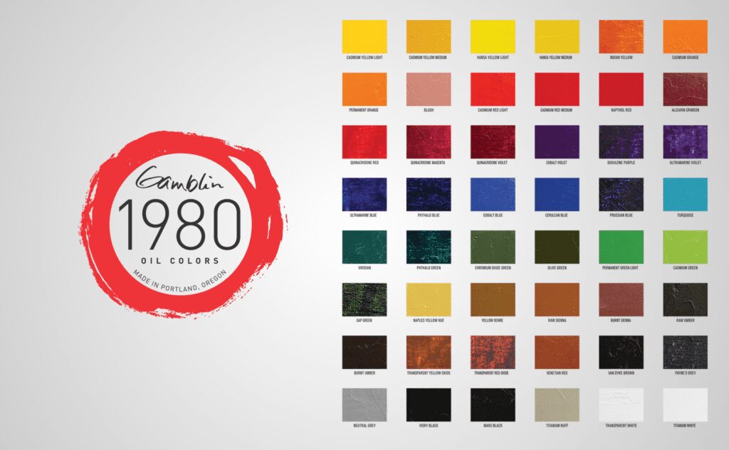 Student-grade oil paint color chart from Gamblin 1980 Oil Colour, showcasing a balanced range of vibrant pigments.