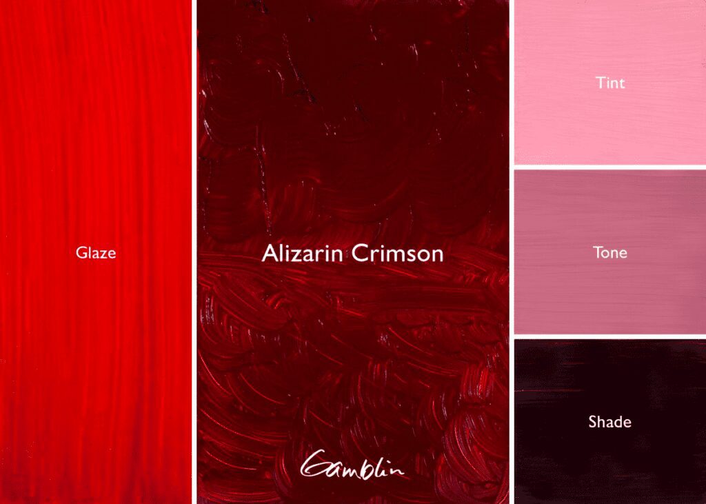 A demonstration of Gamblin Professional Alizarin Crimson oil paint, showcasing both fresh paint and mixed variations.