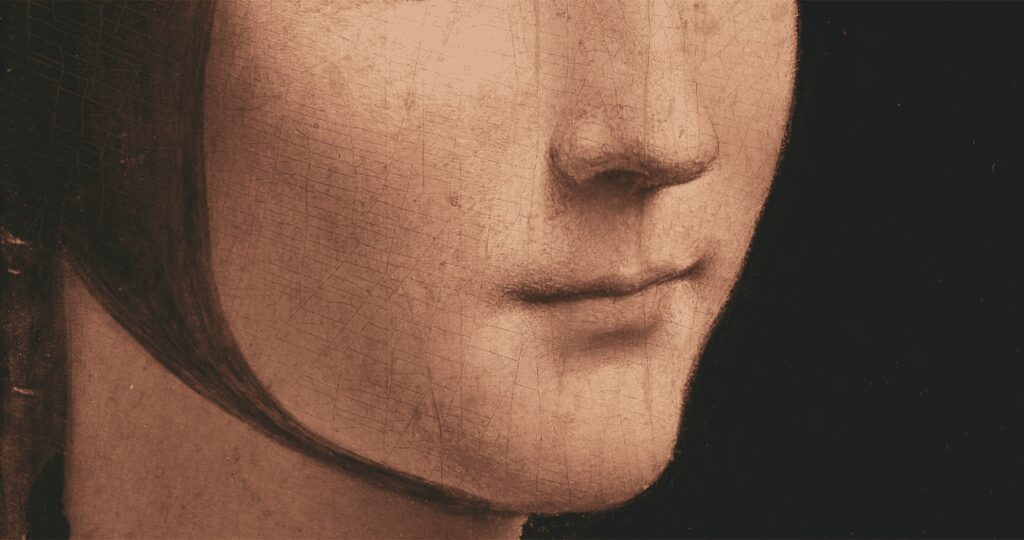 Close-up of Leonardo da Vinci’s Lady with an Ermine, focusing on dry brush blending and sfumato transitions.