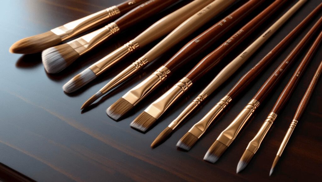 Long-handled oil painting brushes, including filbert, round, and fine detail brushes, arranged on a polished wooden surface.