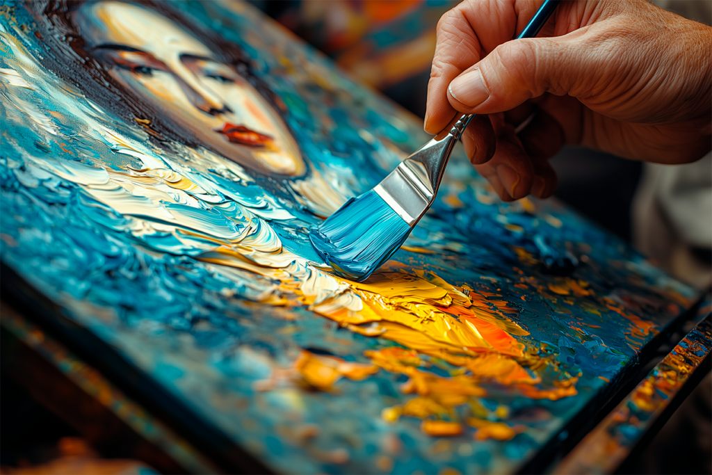 An artist squeezing oil paint from a metal tube (bisnaga) onto a wooden palette.