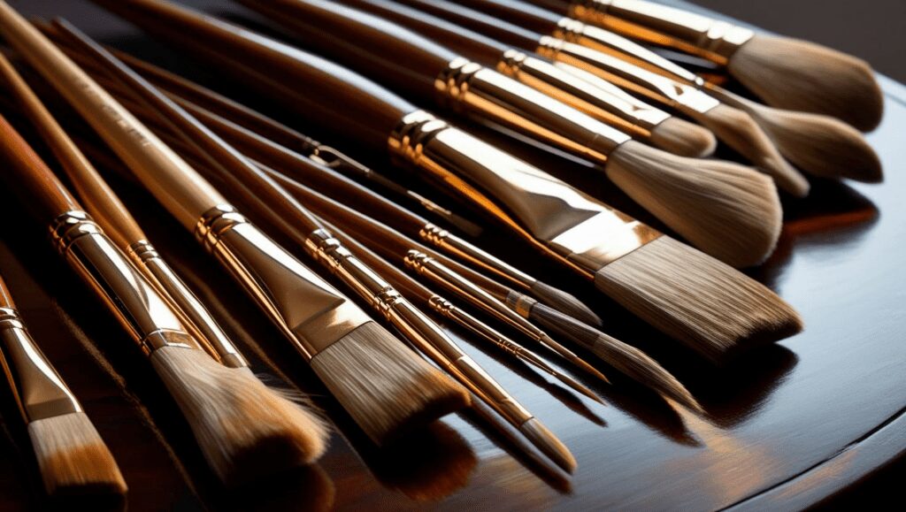 A set of brand-new, high-quality oil painting brushes with soft bristles, neatly arranged on a polished wooden table.