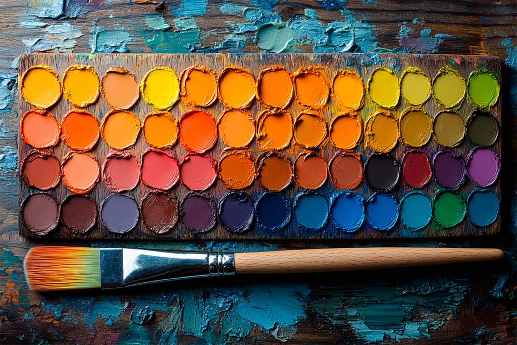 A detailed oil paint color chart with labeled swatches and metal oil paint tubes (bisnagas) on a wooden table.