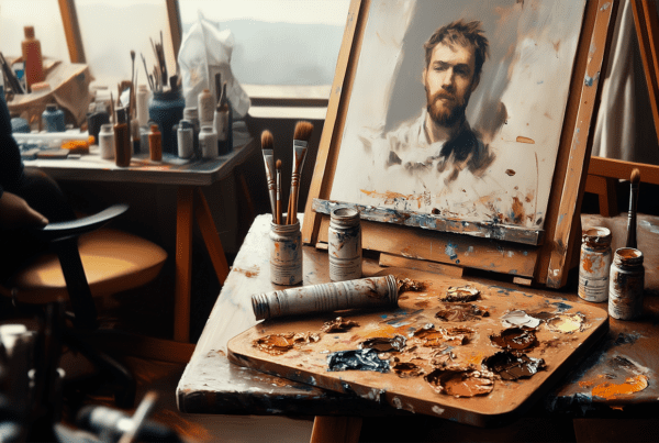 An artist’s workspace with metal oil paint tubes, a wooden palette, and a realistic portrait in progress.