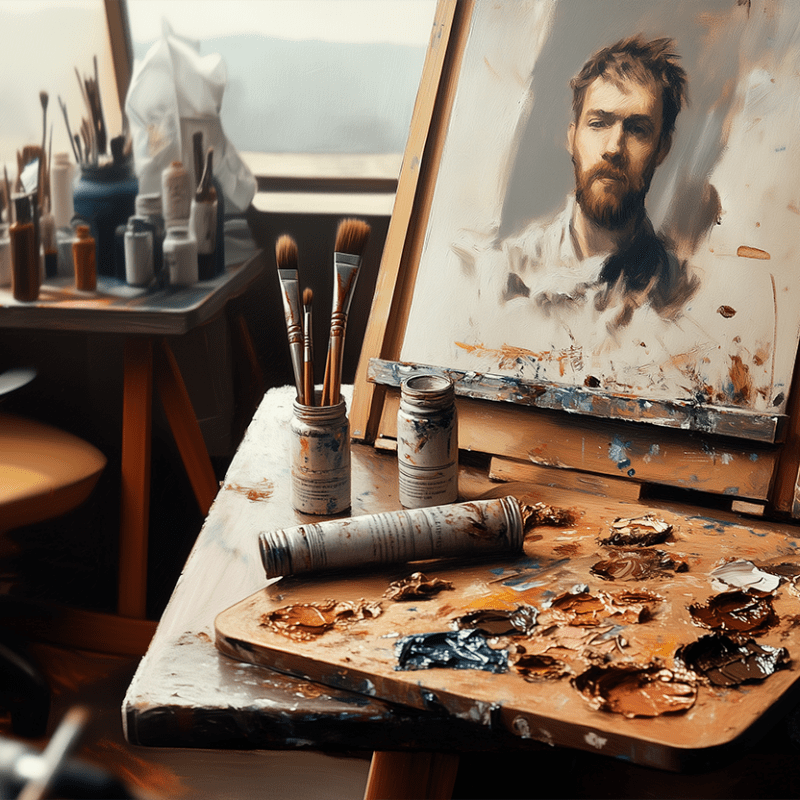 An artist’s workspace with metal oil paint tubes, a wooden palette, and a realistic portrait in progress.