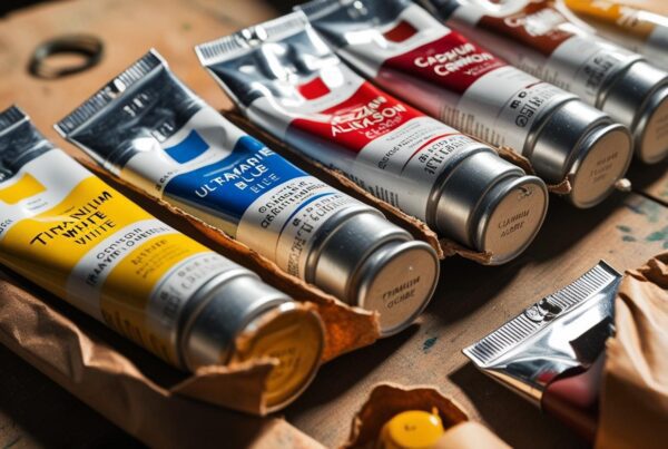 A collection of freshly opened oil paint tubes scattered on a wooden table, removed from a cardboard shipping box.