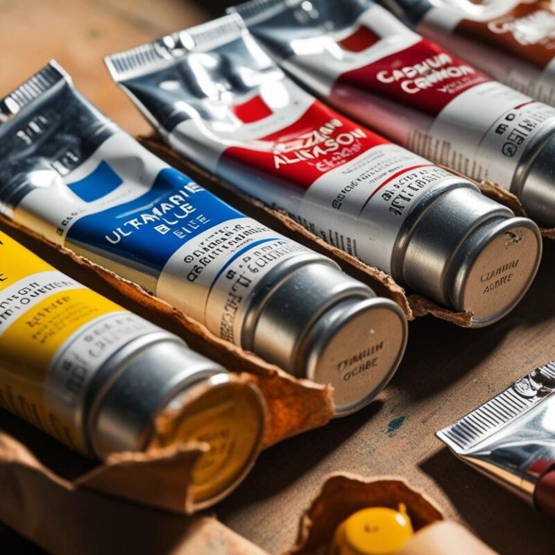 A collection of freshly opened oil paint tubes scattered on a wooden table, removed from a cardboard shipping box.