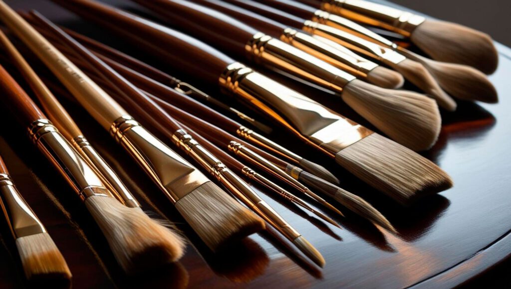 Different types of oil painting brushes neatly arranged on a wooden surface.