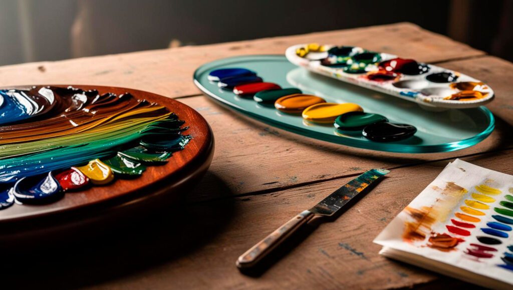 Three different oil painting palettes arranged on an artist's wooden table for mixing and storage.